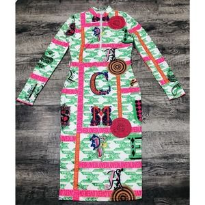 BANJUL Bodycon Sz M Dress Green Pink White Chest 34” Stretch AKA Party Midi A8